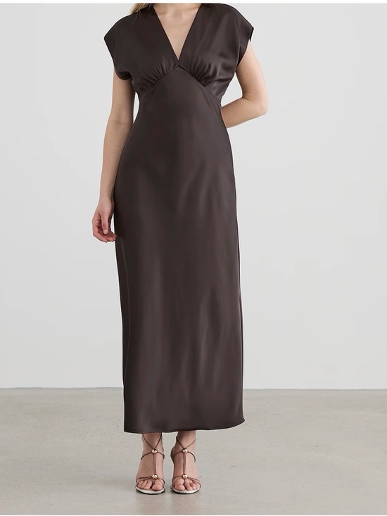 Reitmans Dresses & Skirts - Elegant Chocolate Brown Satin V-Neck Maxi Dress